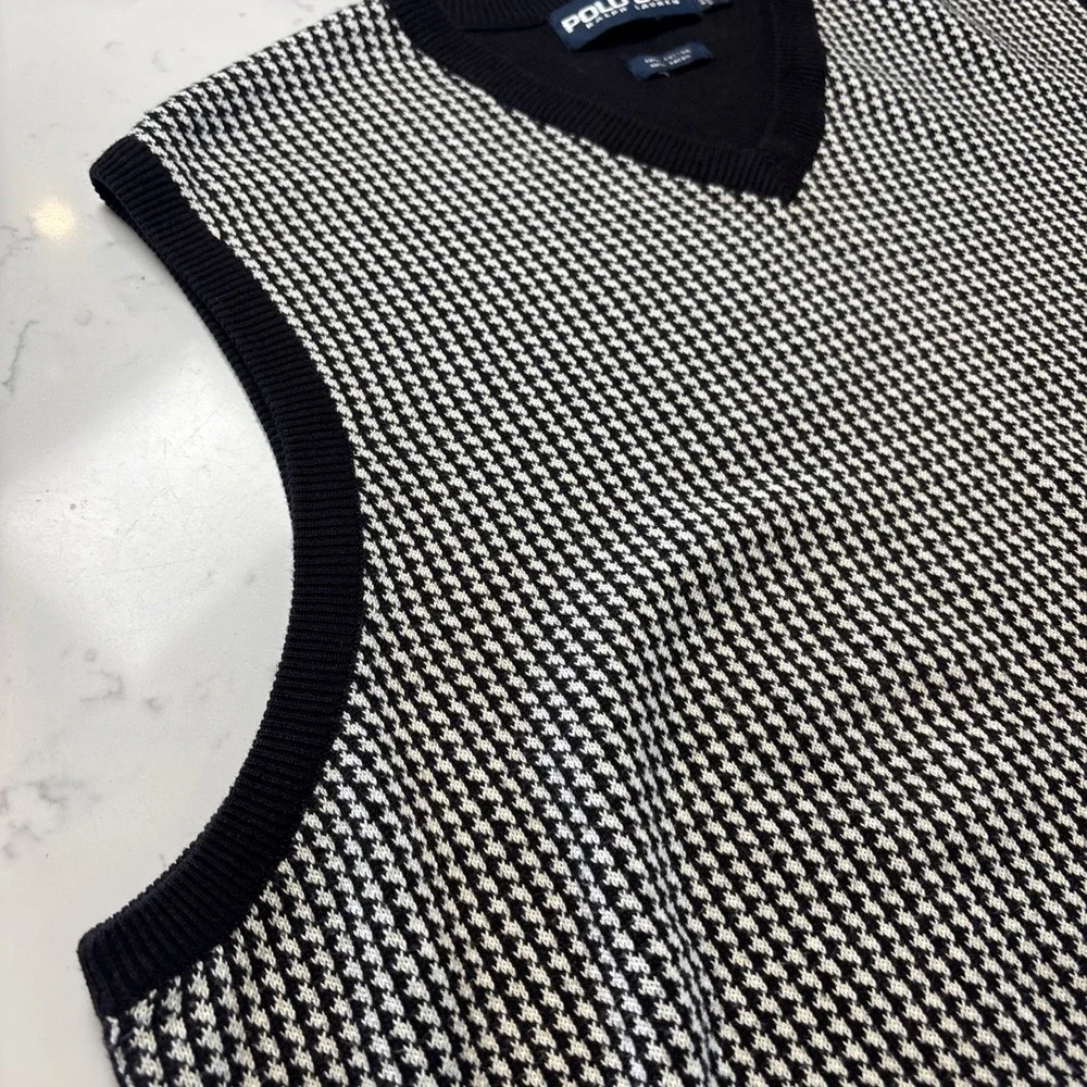 Ralph Lauren Polo Golf Sweater Vest Cotton Houndstooth Black‎ White Grandpa XL